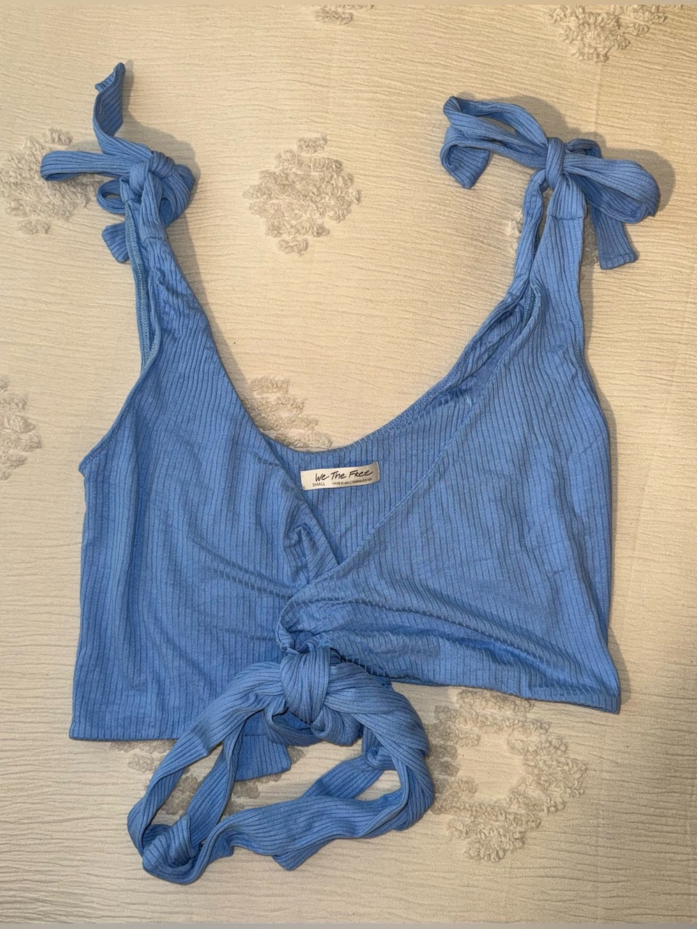 We The Free Blue Ribbed Tie-Front Crop Wrap Top